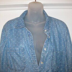 Talbots Denim Button Up Soft Jean Shirt Hearts Front Pockets Roll Tab Sleeves XL